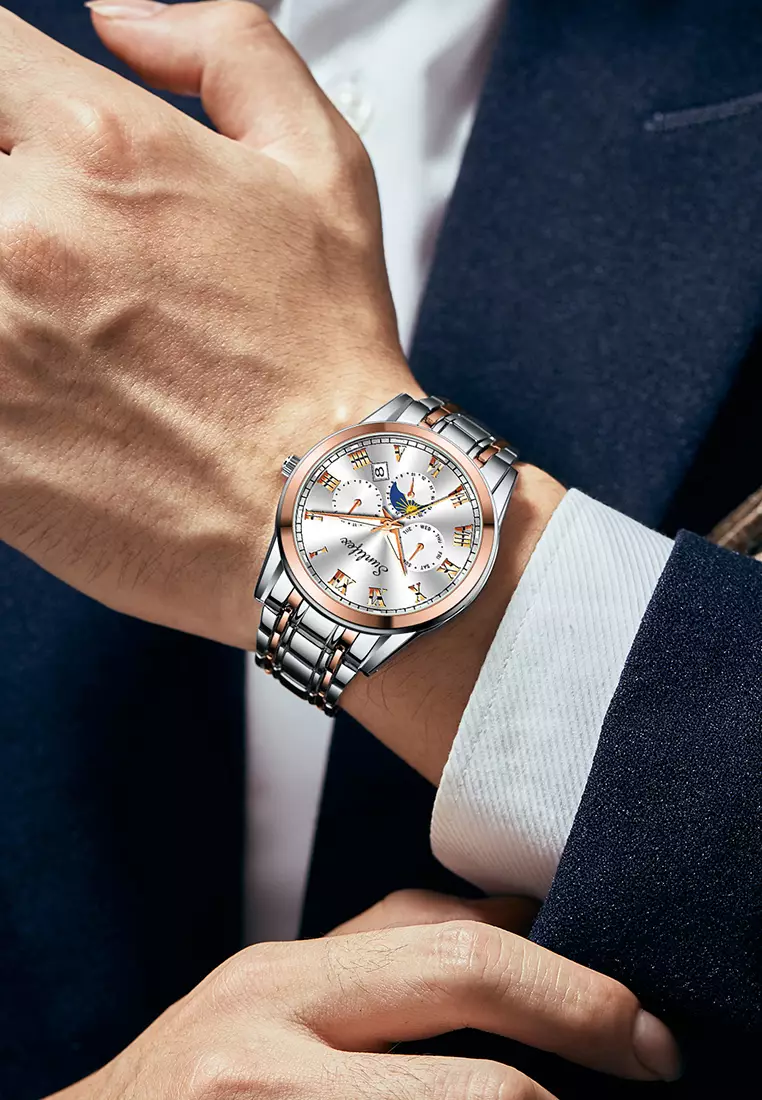 Jam Tangan Pria Tali Stainless Steel Anti Air Kuarsa Santai Mode Jam Tangan Cowok rose white