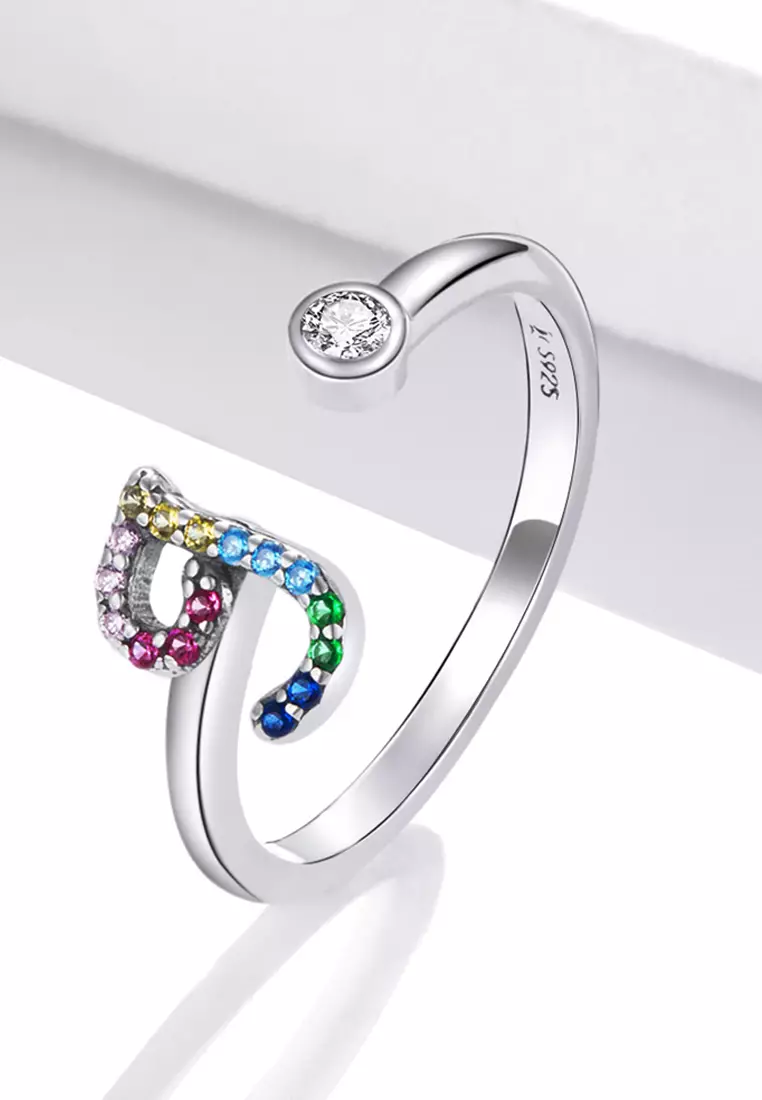 Solid 925 Sterling Silver Colourful Rainbow Alphabet Letter Adjustable Rings - J