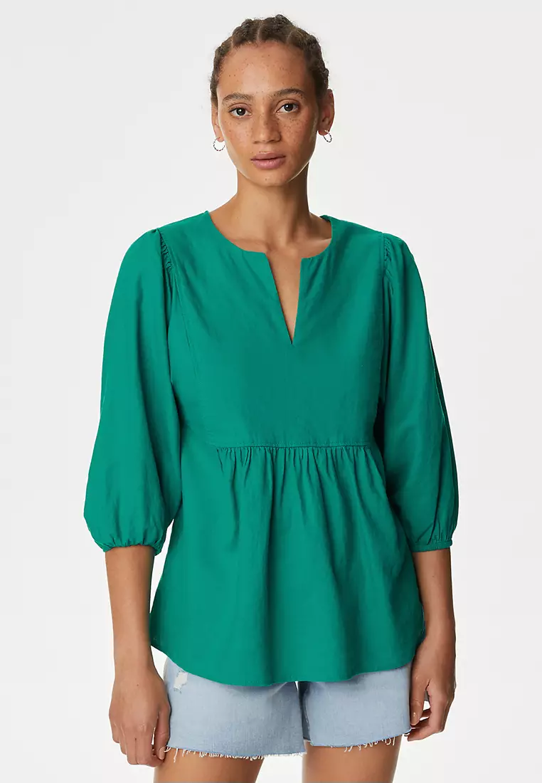 V Neck Puff Sleeve Viscose Blouse Dusty Green Patterned