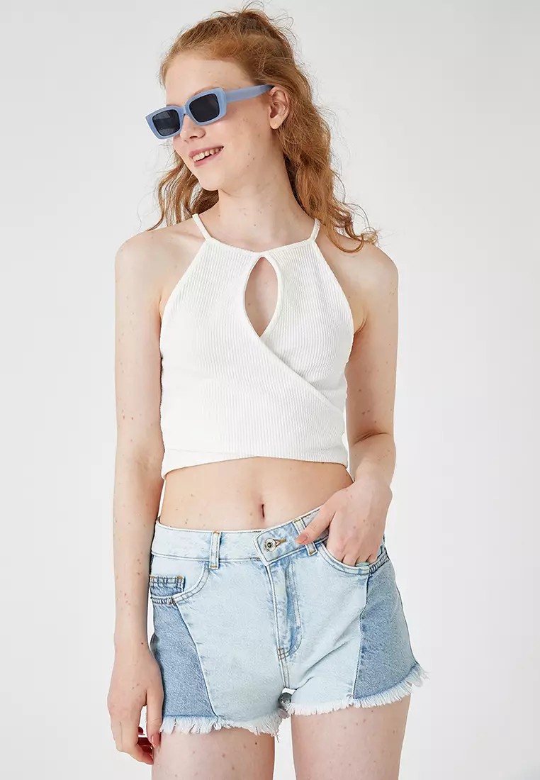 Cotton Denim Shorts Color Block