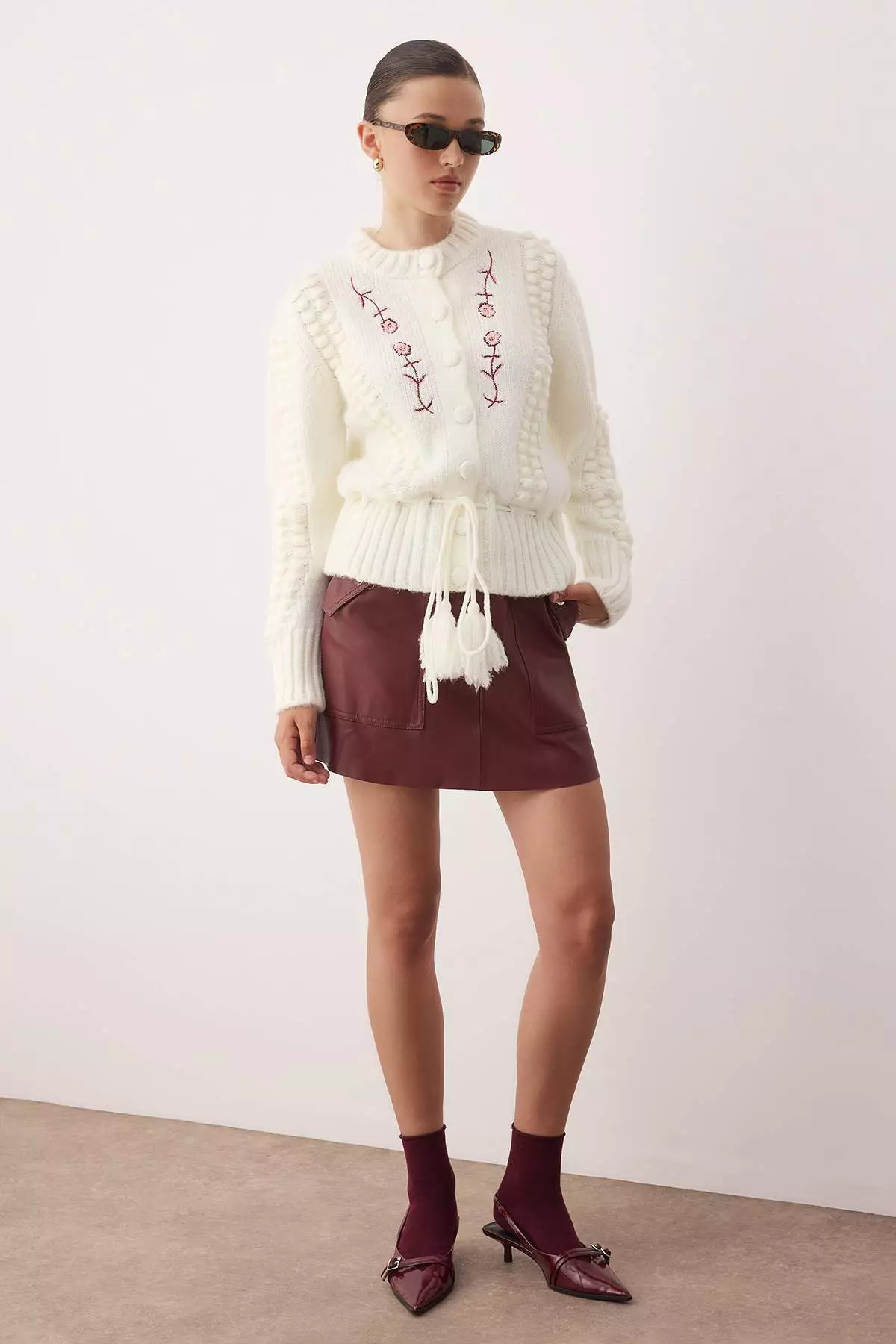 Ecru Soft Texture Embroidered Knit Cardigan