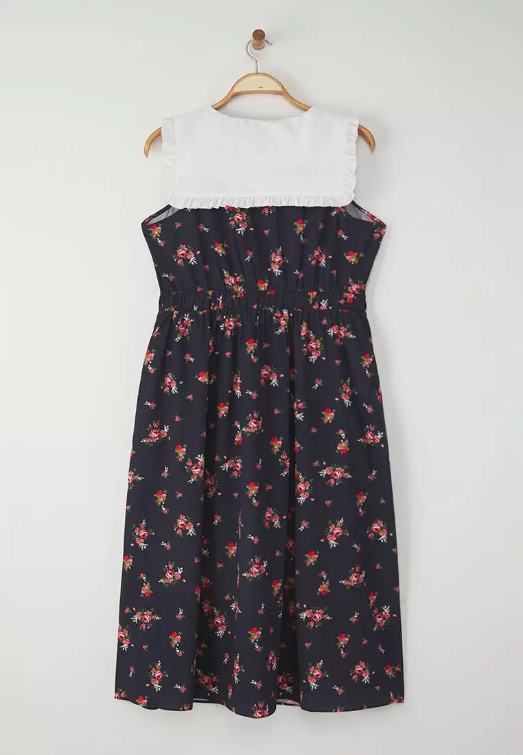 Multicolored Floral Poplin 100% Cotton Baby Collar Midi Woven Plus Size Dress TBBSS25AH00158