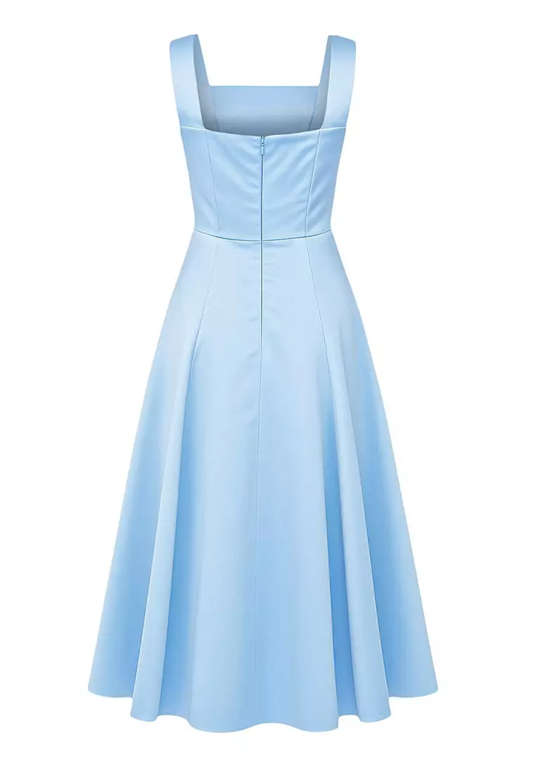 Light Blue Skirt Waist Open Woven Satin Midi Unlined Homecoming/Prom Dress