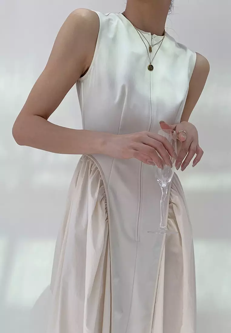 Fashionable and elegant patchwork pleated sleeveless dress K052806W