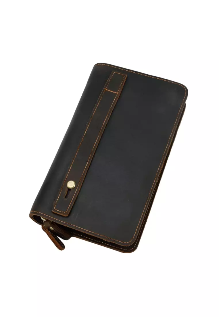 Men's Vintage Genuine Leather Double Zipper Clutch Purse Long Wallet