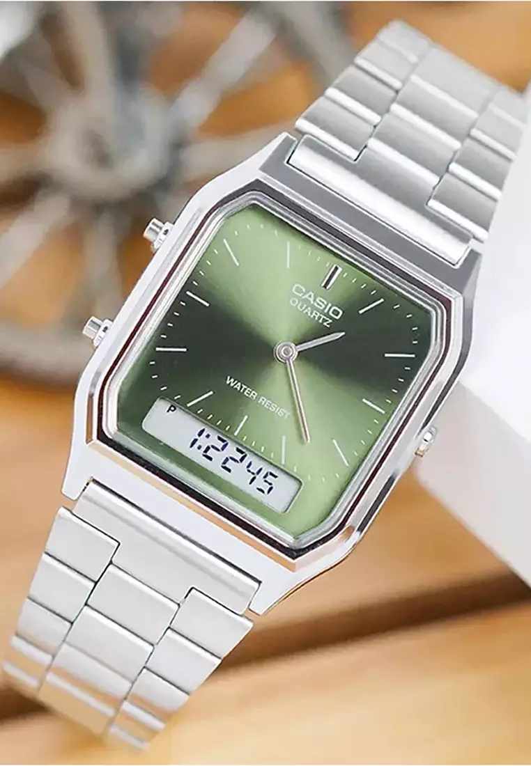 Vintage Unisex Analog-Digital Watch AQ-230A-3AMQY Silver Stainless Steel Strap