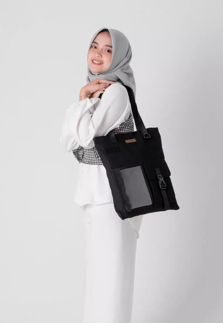 Tas Tote Bag Bahan Kanvas Penutup Resleting Arel Series - Hitam