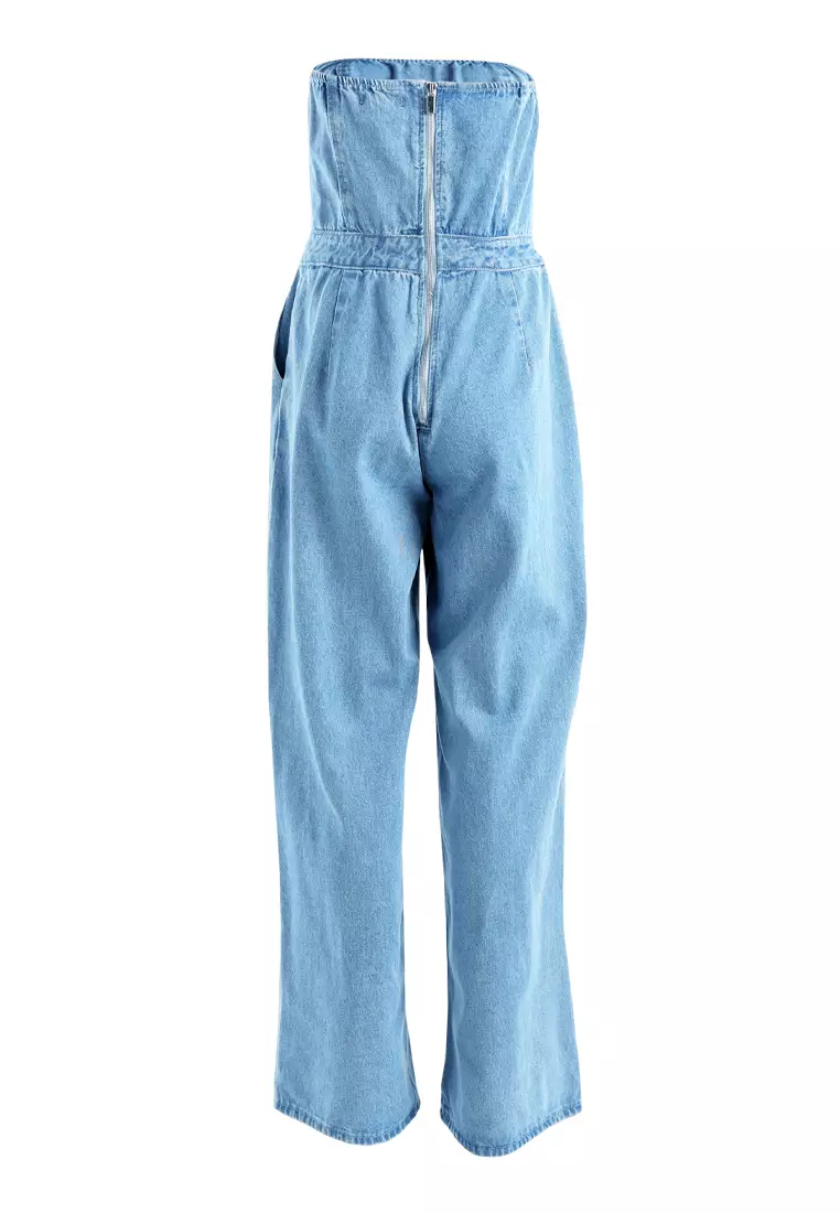 Blue Strapless Back Zipper Denim Jumpsuit