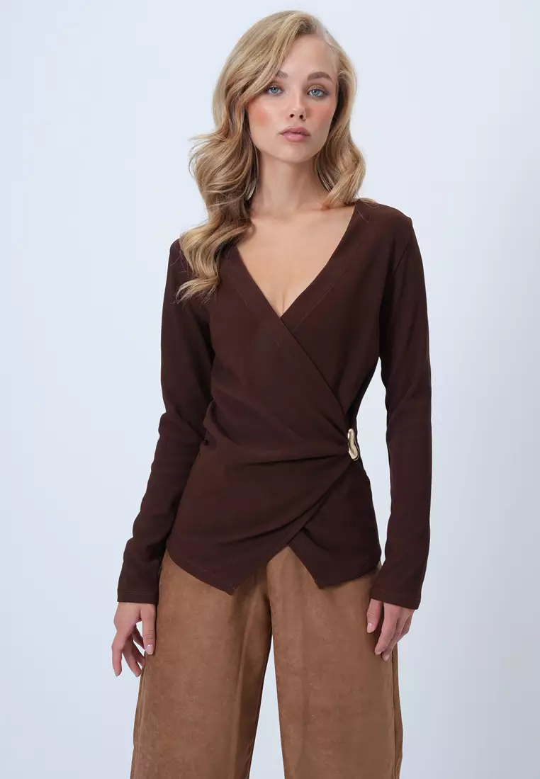 Double-Breasted V-Neck Brooch Detailed Blouse