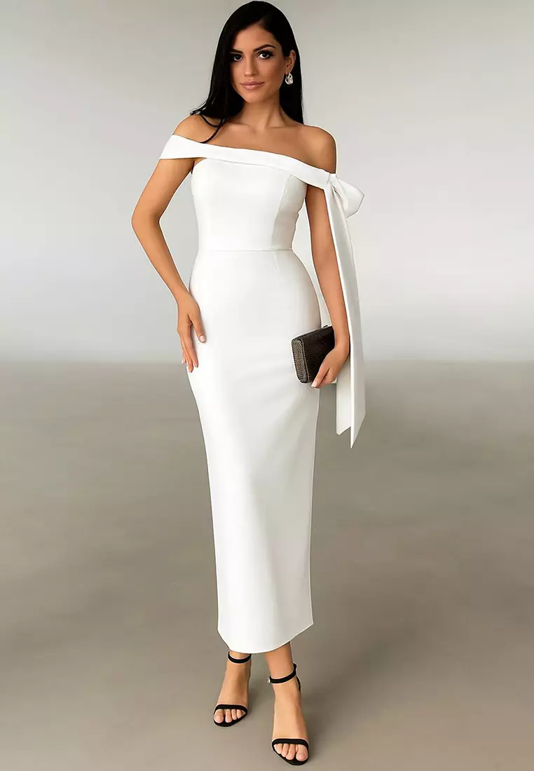 White Body Fitted Shoulder Bow Detail Knitted Stylish Evening Dress