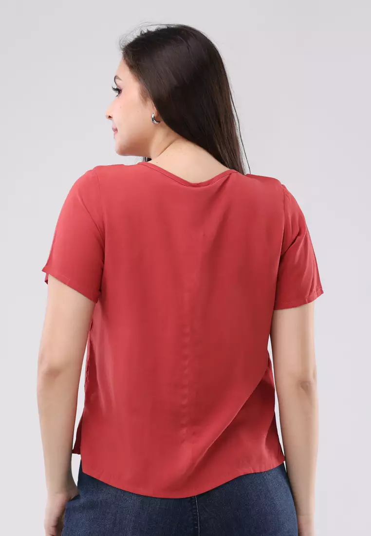 Woven Plain Rayon Short Sleeves Blouse