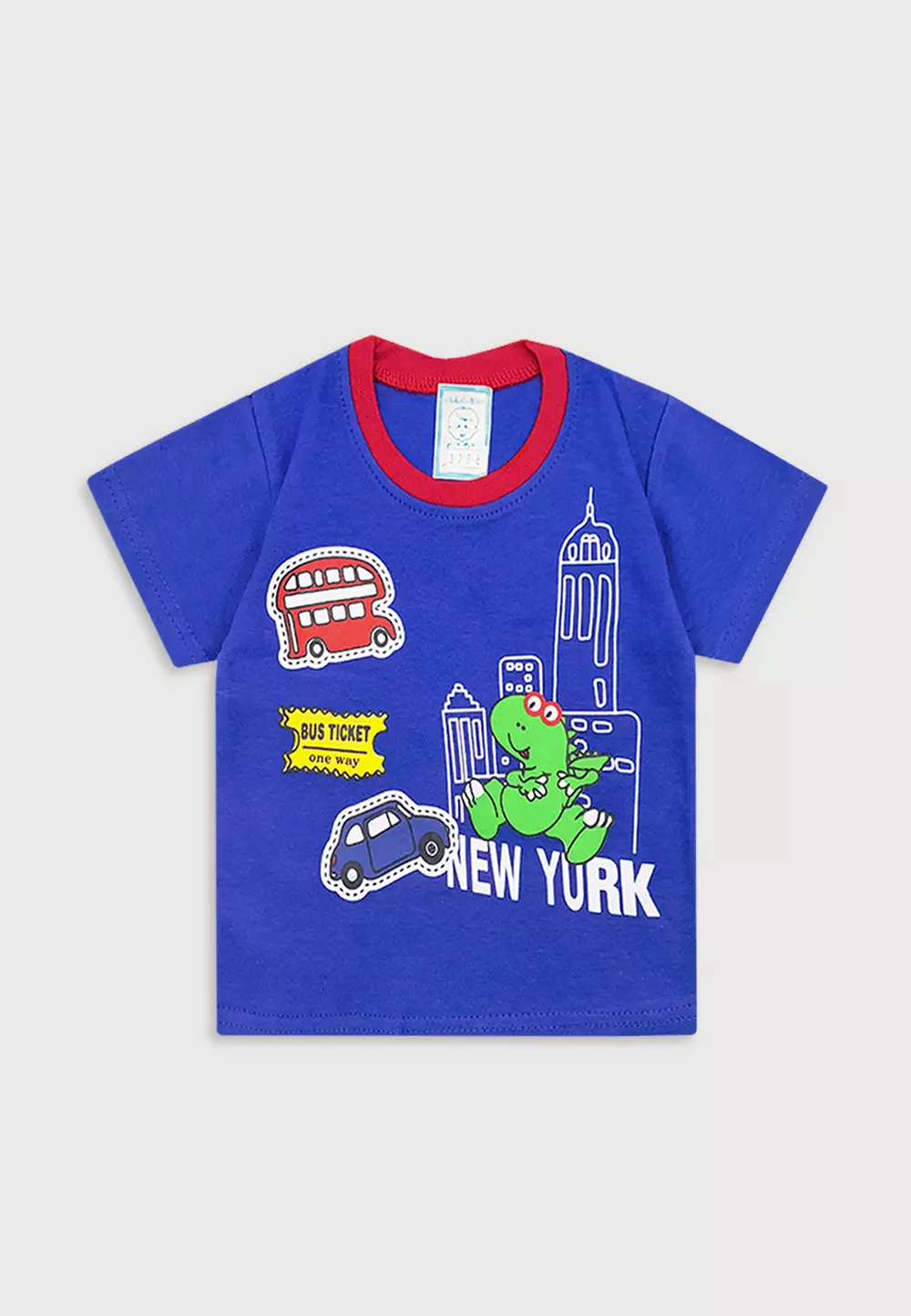 Wakakids Baju Bayi Anak Laki Laki Lengan Pendek Motif Dino New York Setelan Celana Jeans Usia 6 Bulan Hingga 12 Bulan 3288 Biru
