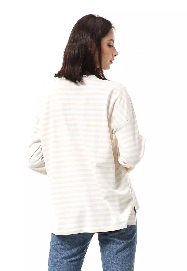 Albertine Blouse Atasan Wanita Lengan Panjang Stripes Motive Material Cotton ORIGINAL - Pink