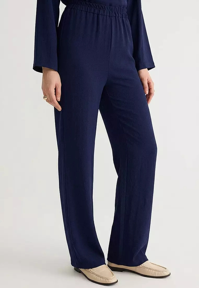Navy Blue Belted Double Breasted Shirt-Pants Woven Bottom-Top Set TCTSS25US00001