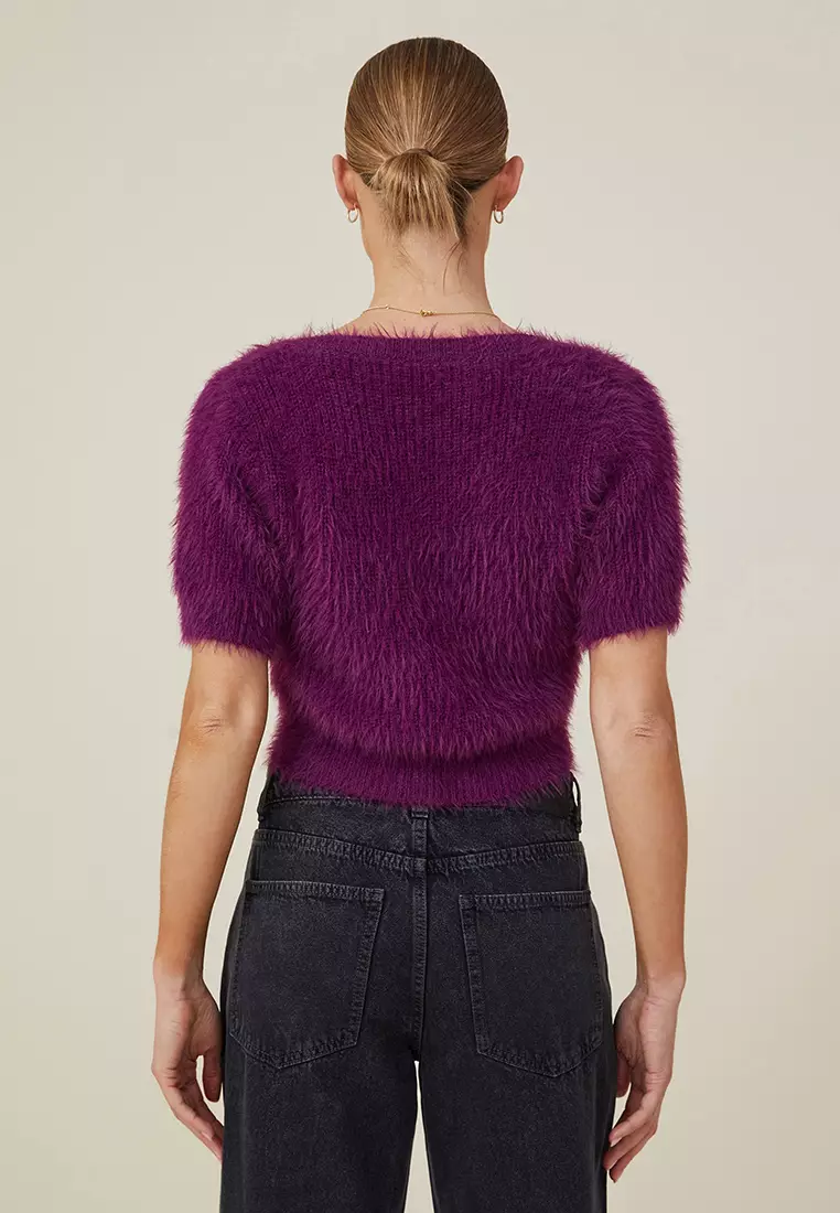 Fluffy short hot sale sleeve jumper