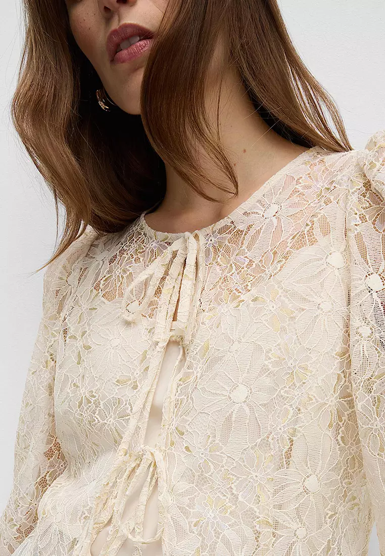 Lace Round Neck Tie Front Blouse