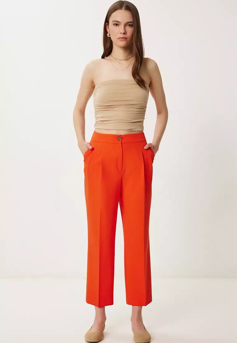 Women's Orange High Waist Pencil Woven Trousers Wf00121