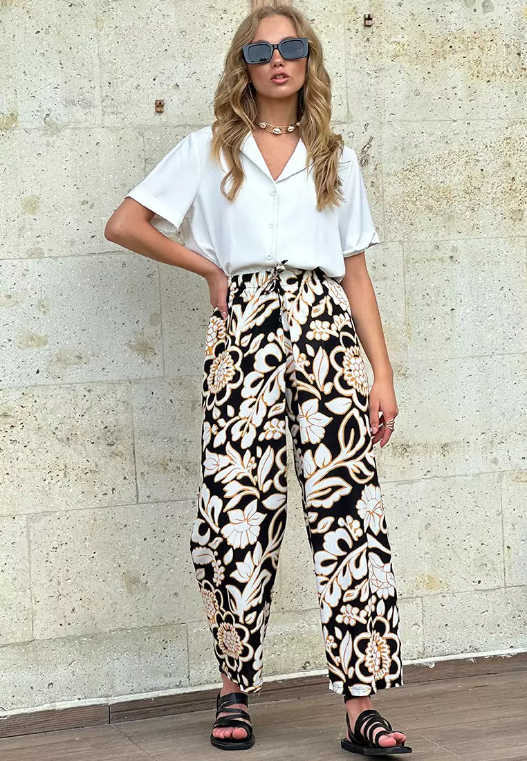 Women's Black Patterned Woven Viscose Trousers