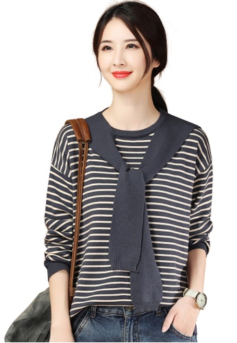 A-IN GIRLS navy Casual Striped Round Neck Sweater (Including Shawl) AB929AADDEECA7GS_1