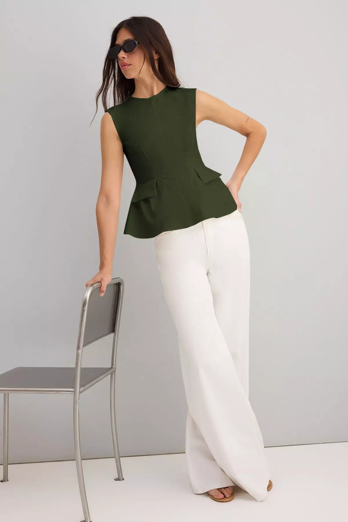 Khaki Cotton Gabardine Peplum Pocket Detail Woven Blouse Twoss25Bz538