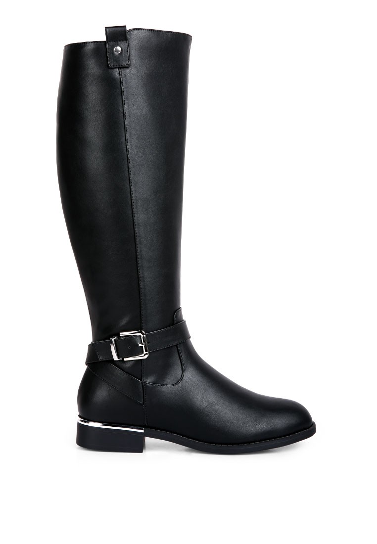 Black Buckle Strap Embellished Calf Boots