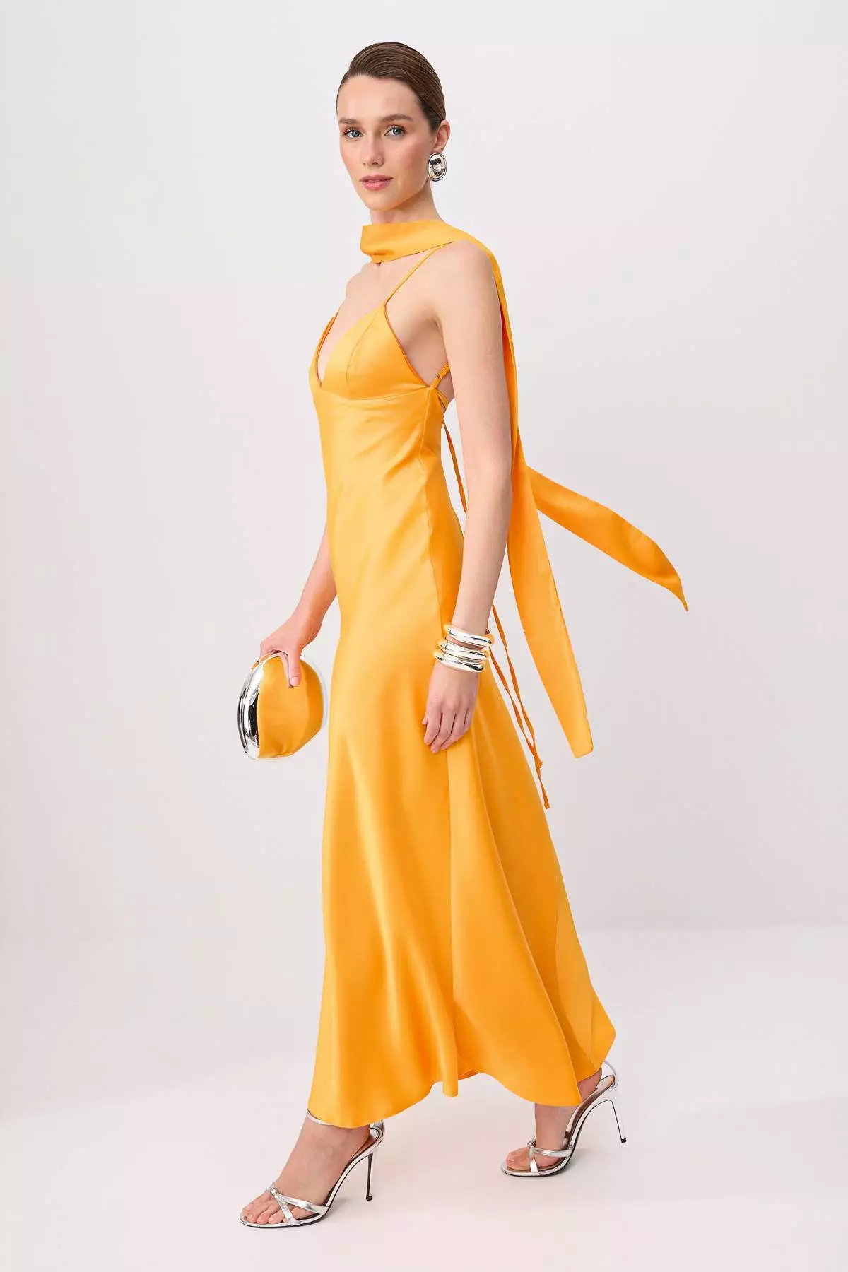 Orange Plain Scarf Woven Satin Maxi Lined Stylish/Evening Dress