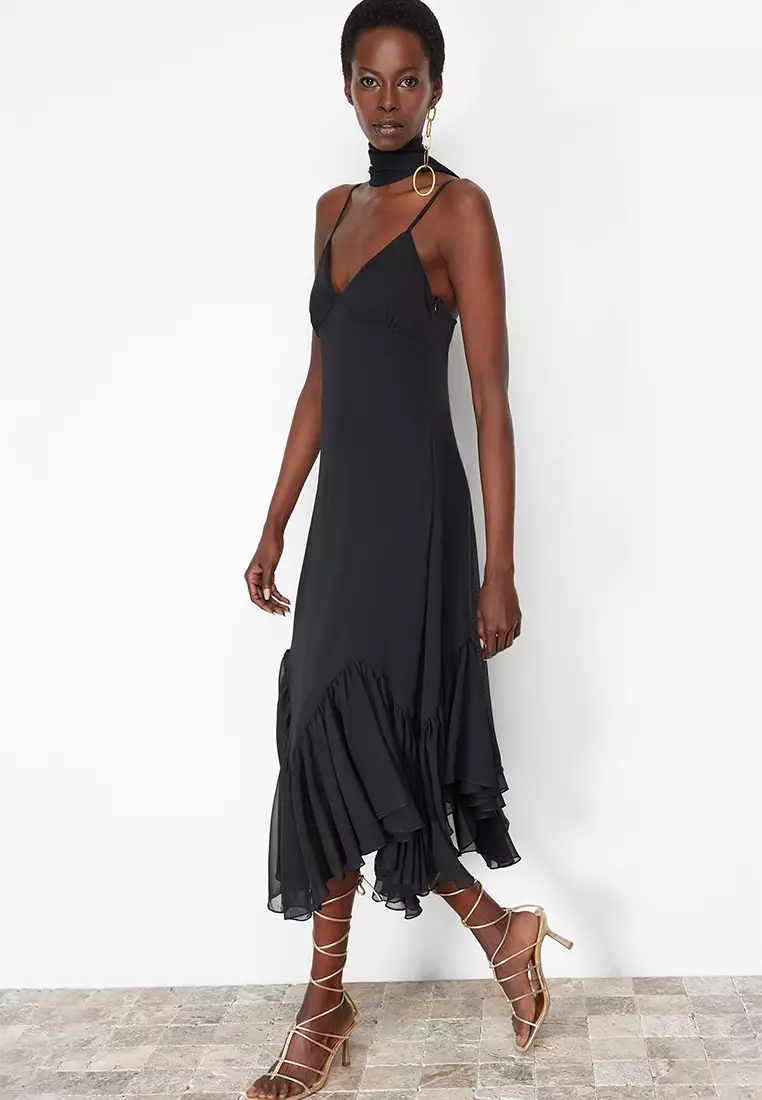 V-Neck Ruffle Midi Dress With Scarf Set