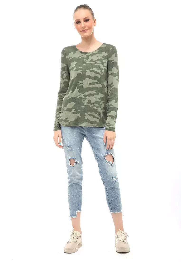 Kinsey Kaos Long Sleeves Atasan Wanita Motif Print Relaxed Fit - Camo