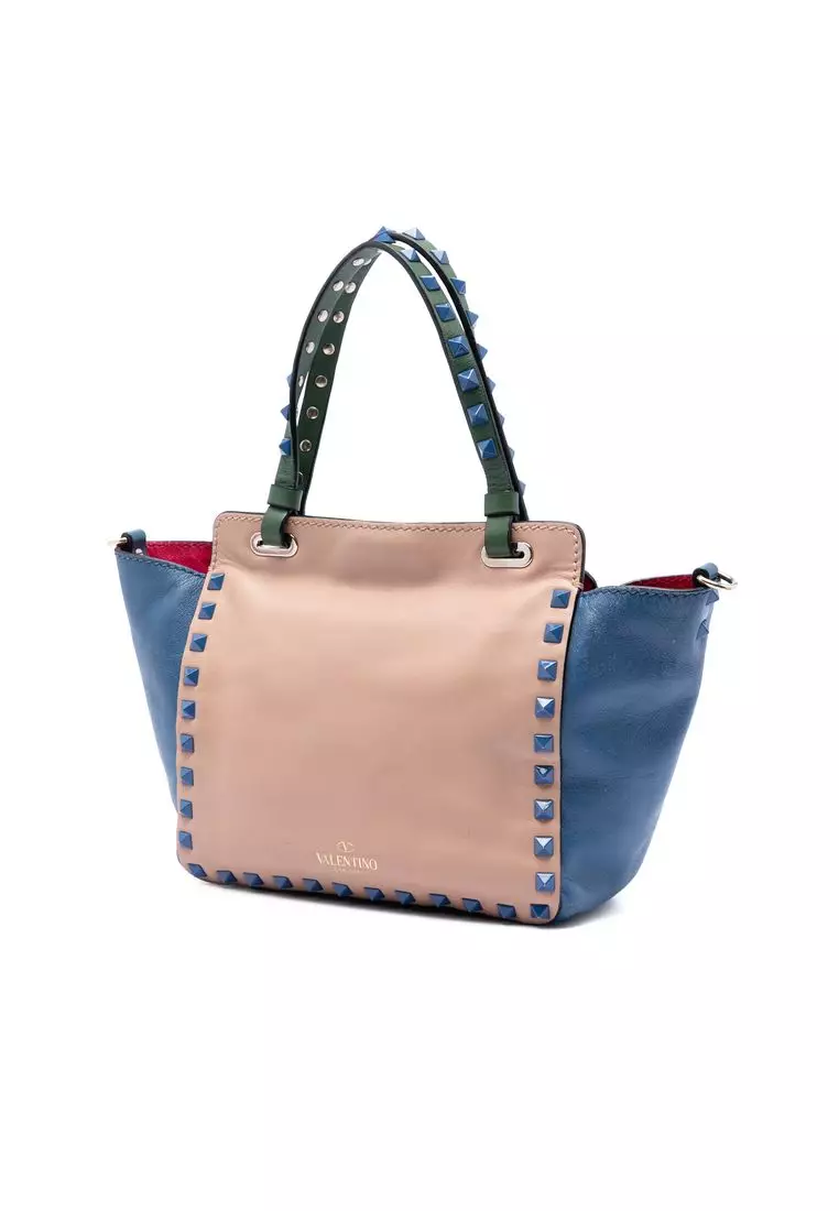 Pre-Loved Valentino Mini Leather Colorblock Rockstud Trapeze Satchel