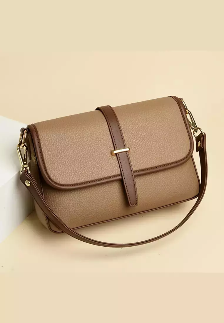 Color Matching Faux Leather Three Way Shoulder Bag