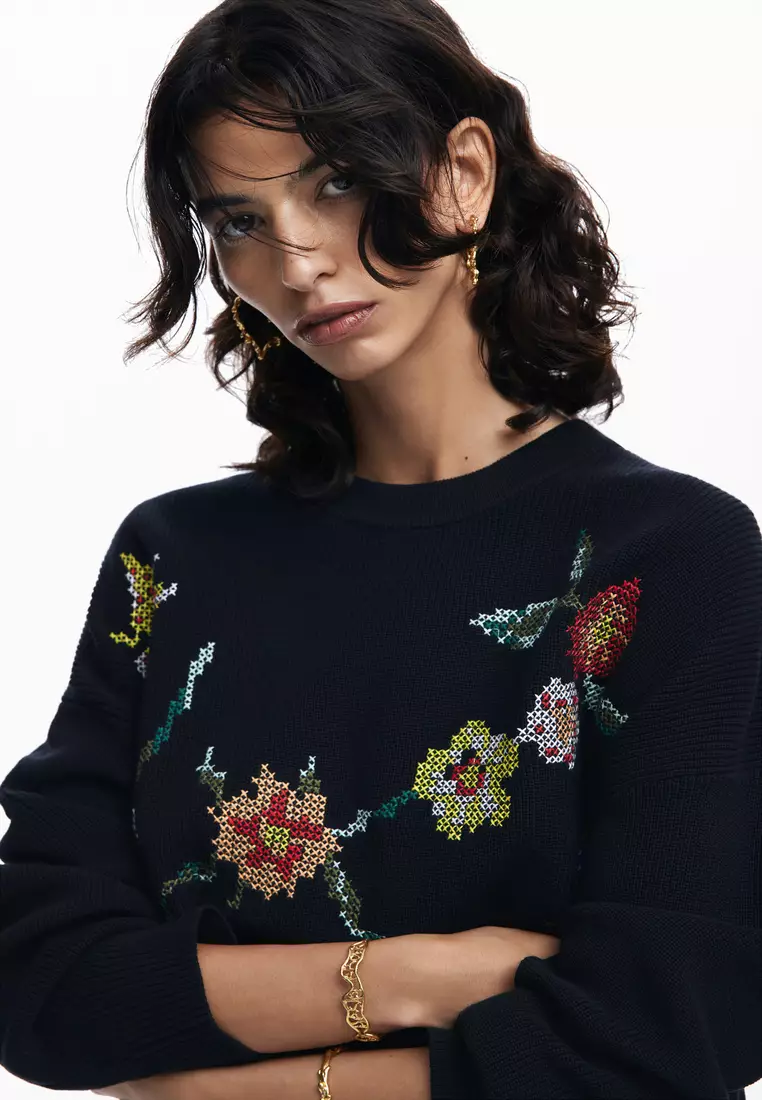 Desigual Woman Floral embroidered sweatshirt.