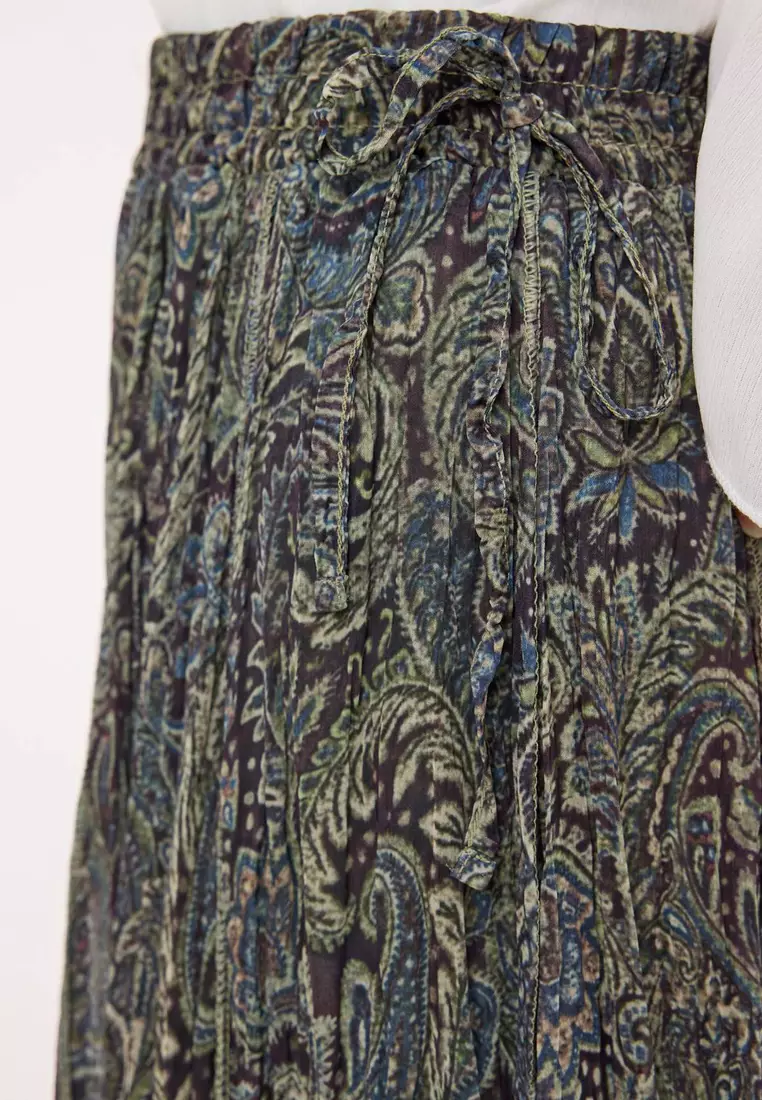 Khaki Chiffon Pleated Lined Ethnic Patterned Maxi Skirt Tctss26Ee00007