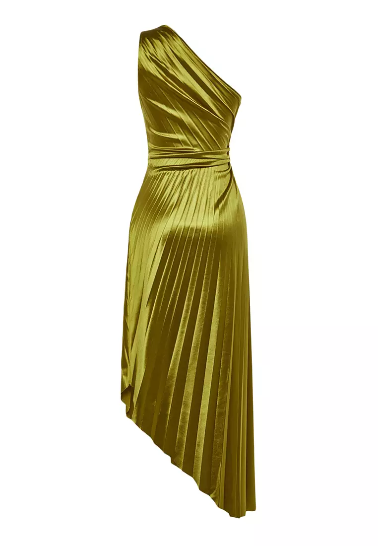 Asymmetric Pleated Detailed Satin Elegant Evening Dress