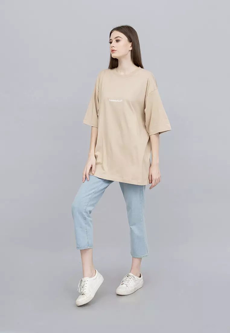 Houseofcuff Kaos Oversized T-shirt Wanita Unisex Tebal Cream Astronaut