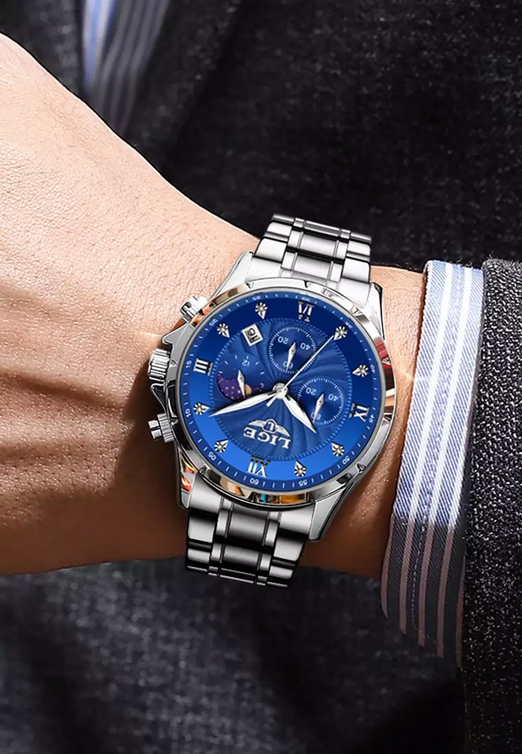 Chronograph Unisex Stainless Steel Quartz Watch, Blue dial, on Steel Bracelet