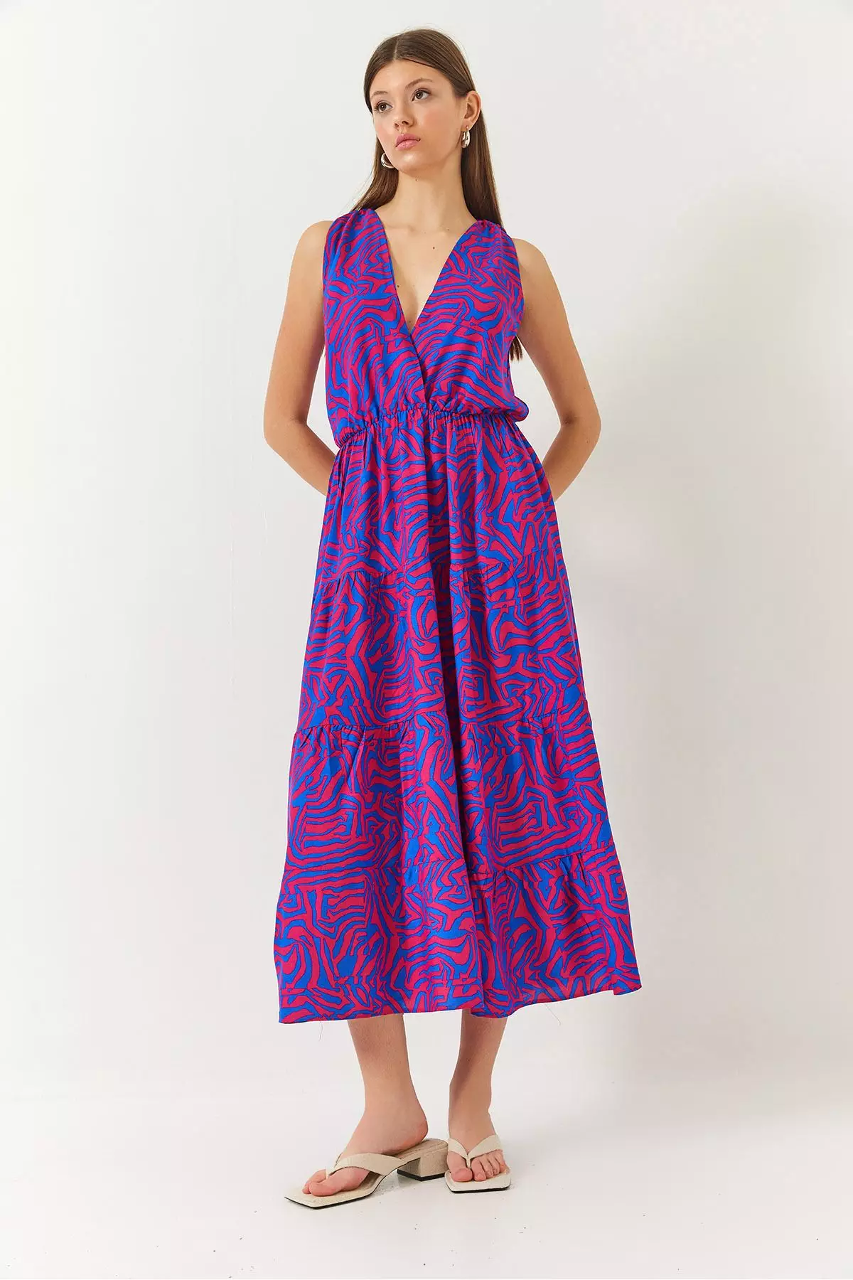 Women's Double Breasted Neckline Elastic Waist Back Rope Tie Print Dress 60261428