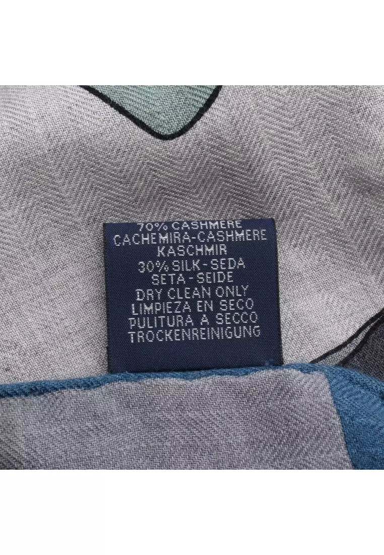 Pre-Loved Hermès rectangle Selle en Desordre Stall shawl cashmere silk gray blue multicolor