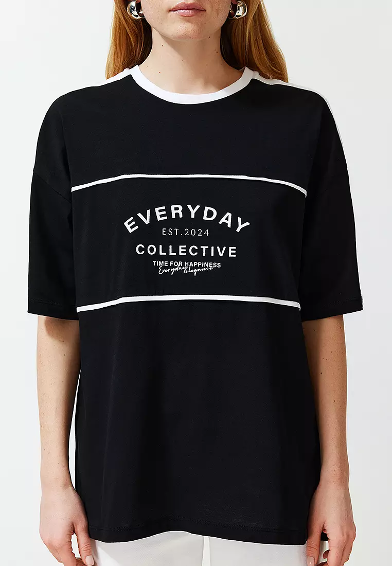 Black Color Block Slogan Oversize/Wide Fit Knitted T-Shirt