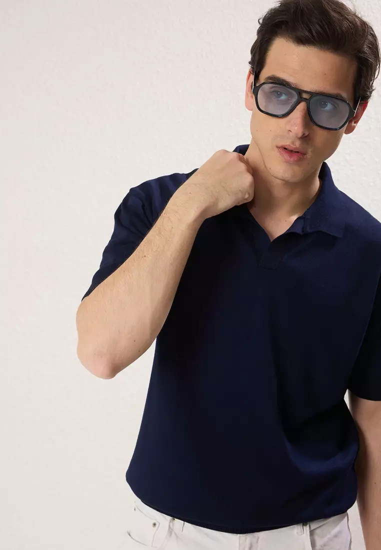 Navy Blue Regular Polo Collar Plain Polo Collar T-shirt TMNSS25PO00008