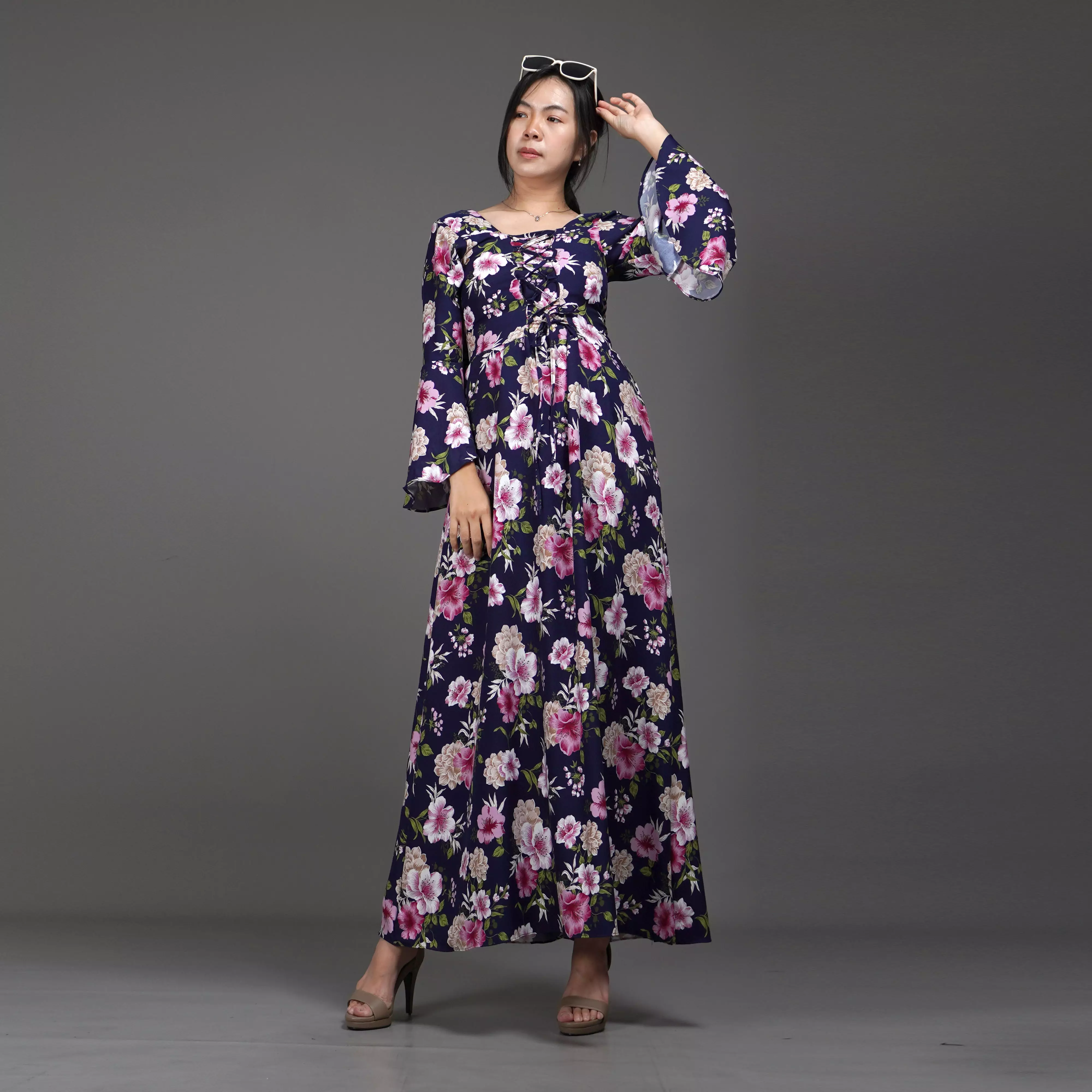 CLOVERIA Long Dress Motif Bunga Gaya Korea Dress Wanita Korean Style - Navy