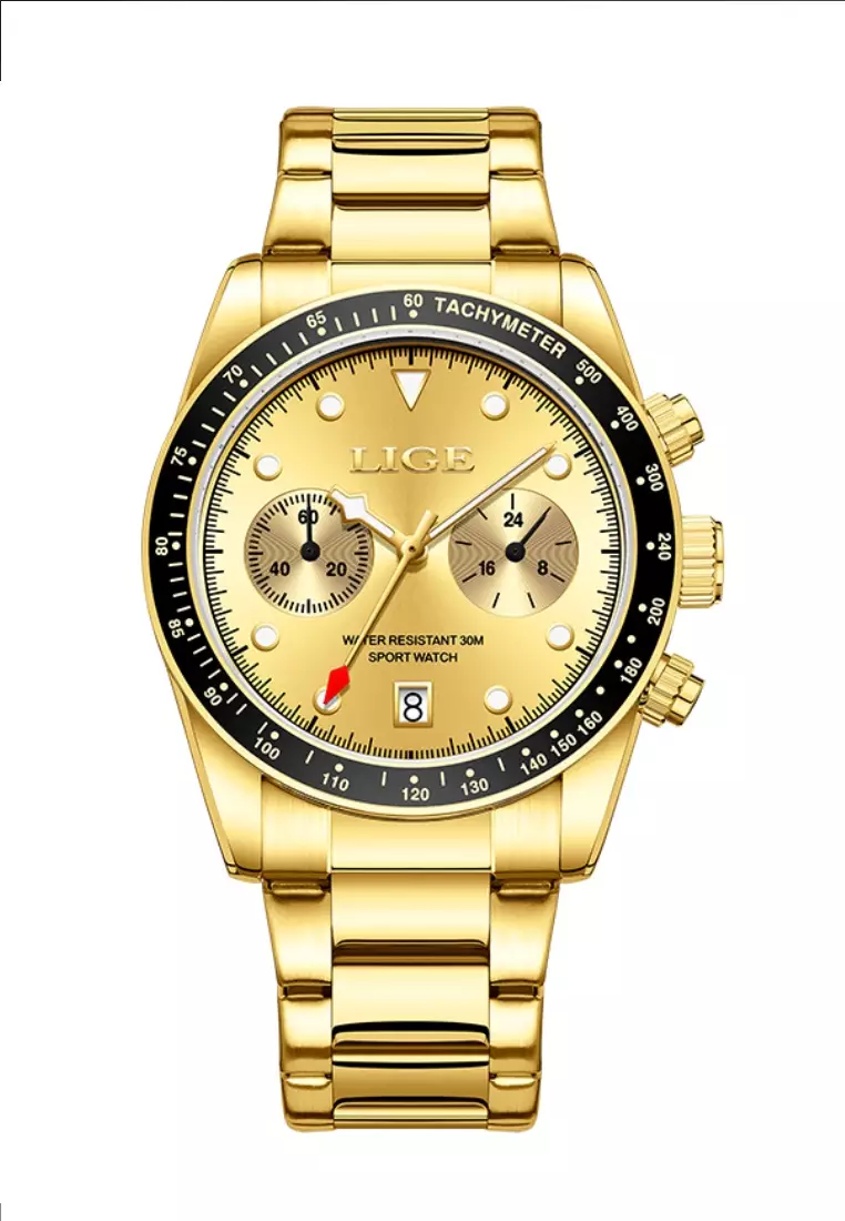 Buy LIGE Chronograph Unisex IP Gold Color Stainless Steel Quartz