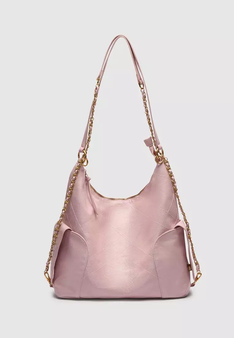 Pale Quilted Hobo Bag With Chain Strap