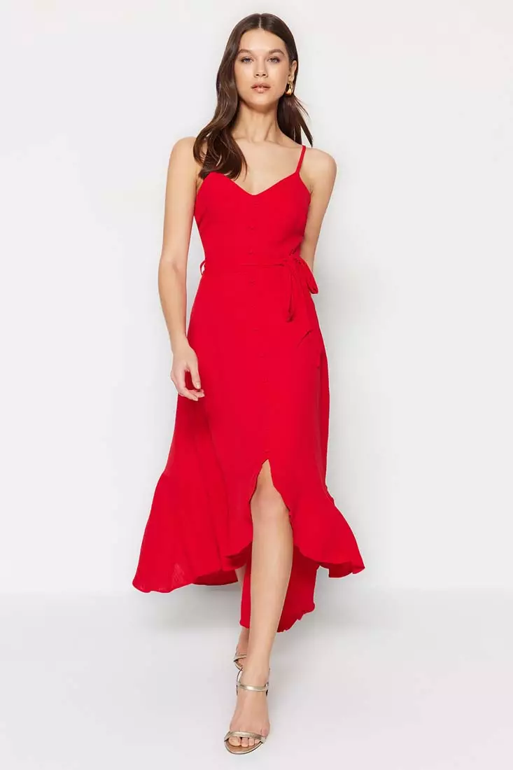 Belted Midi Ruffle Dress