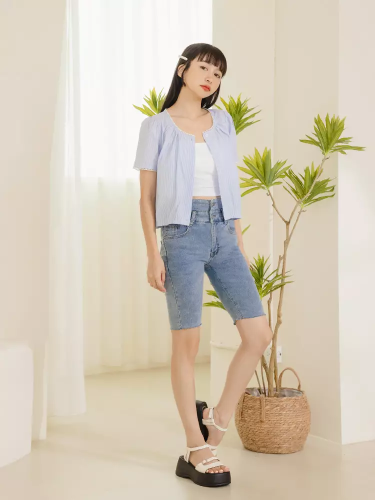 Lace Trim Striped Cropped Shirt [AB18864]