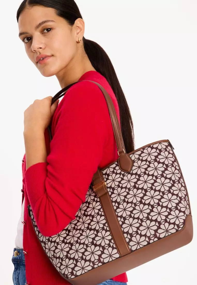 KATE SPADE Spade Flower Jacquard Medium Open Tote Burgundy Multi