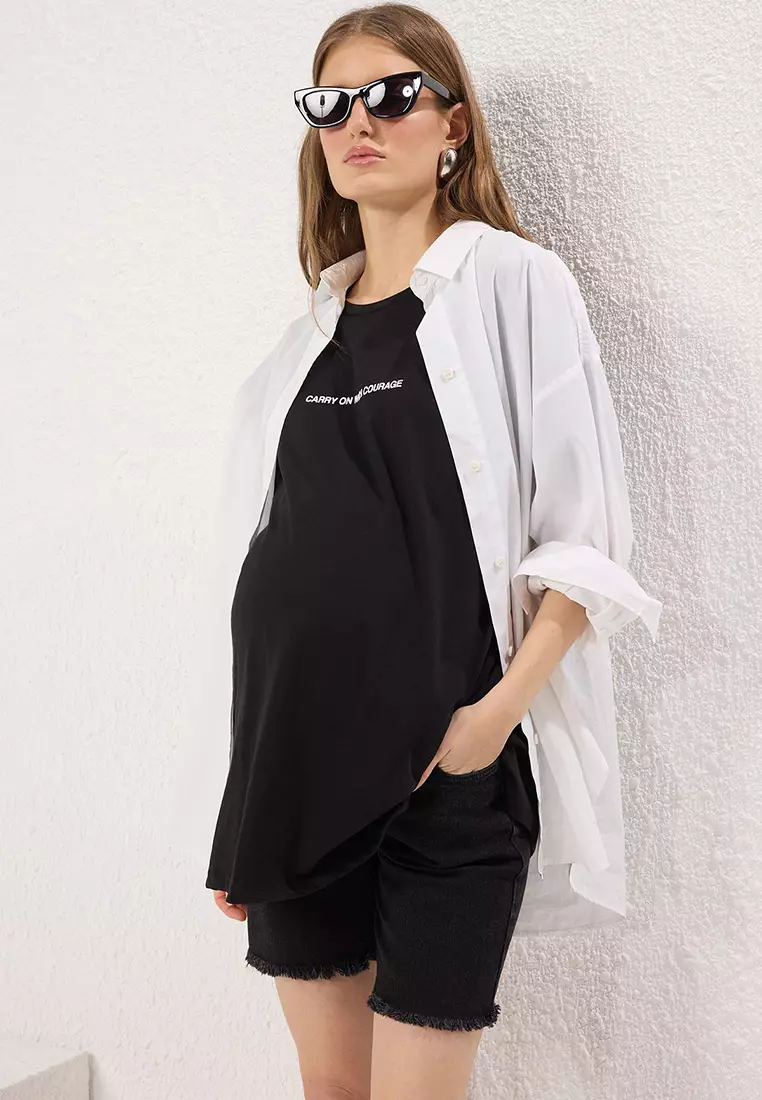 Black Abdominal Panel Maternity Denim Shorts TBBSS25AP00027