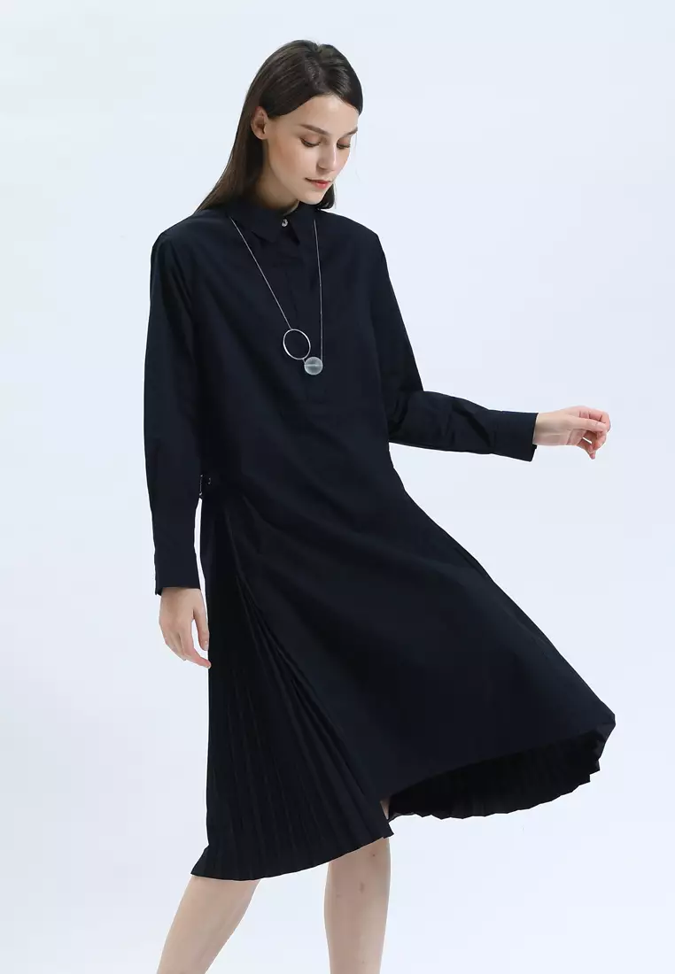 Ladies Poplin Pleated Side Shirt Dress