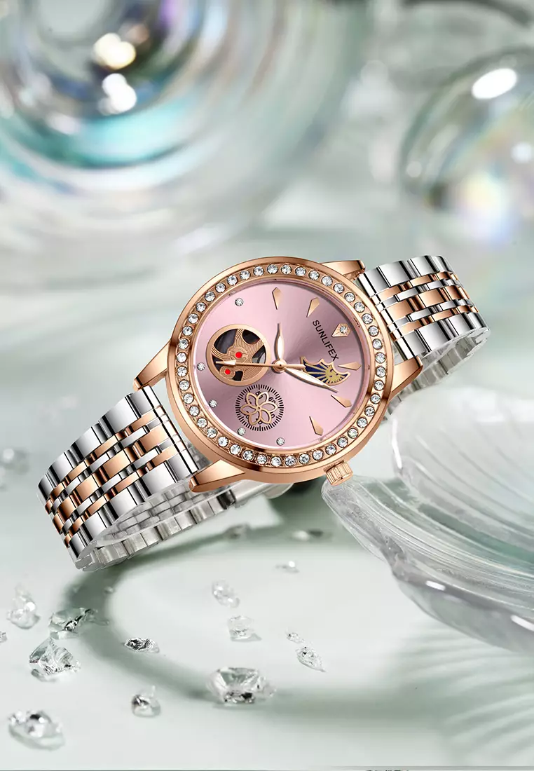 Jam Tangan Wanita E055 Korea Mewah Kuarsa Bercahaya Tali Paduan Jam Tangan Cewek Original pink