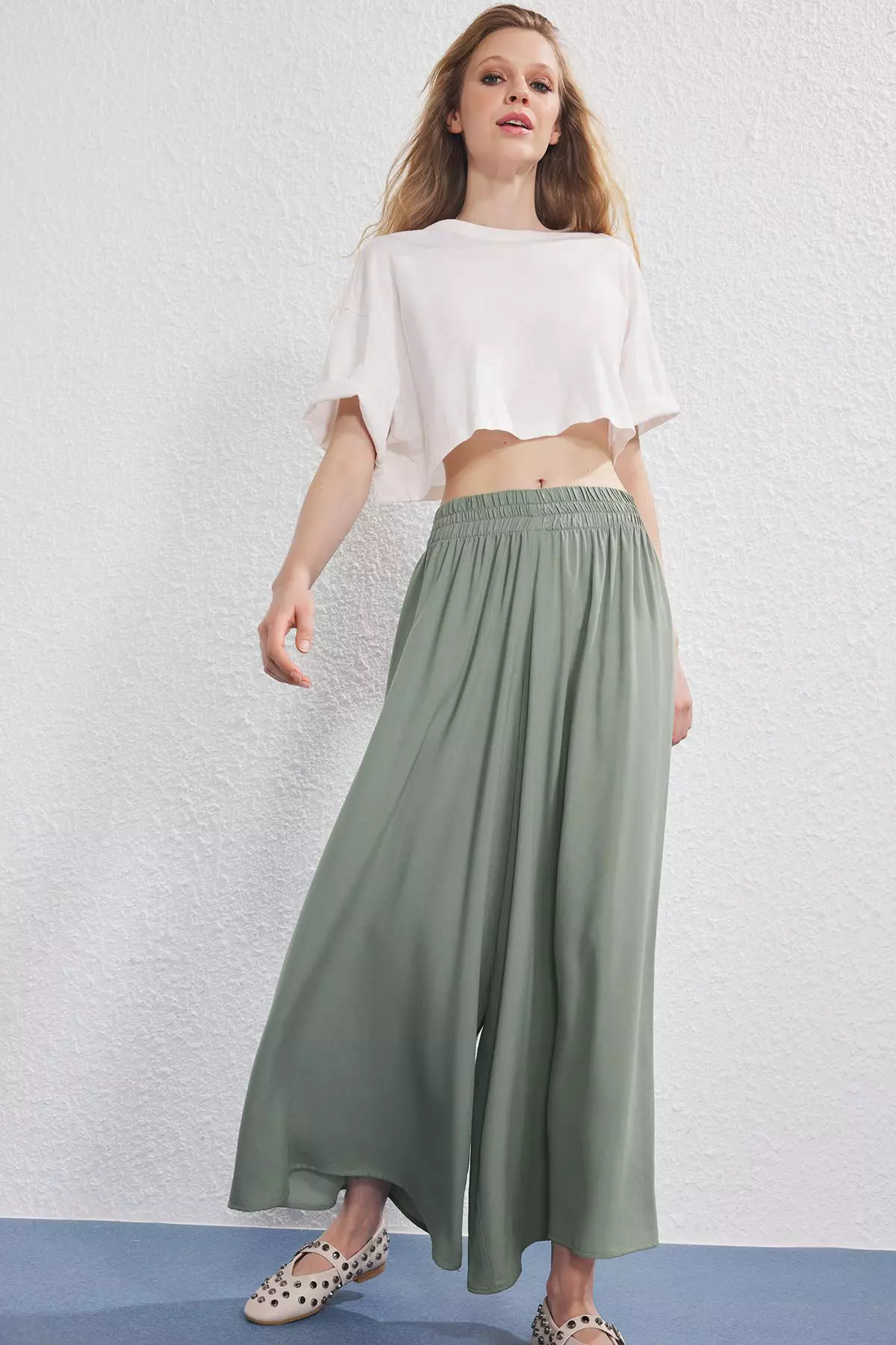 Khaki Elastic Waist Wide Leg Extra Wide Leg Woven Trousers Twoss25P