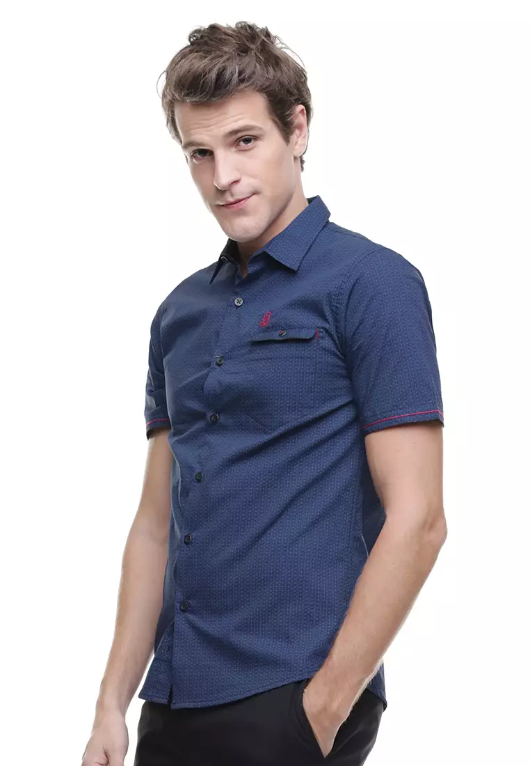 Johnwin Kemeja Casual Lengan Pendek Motif Abstrak Biru Merah